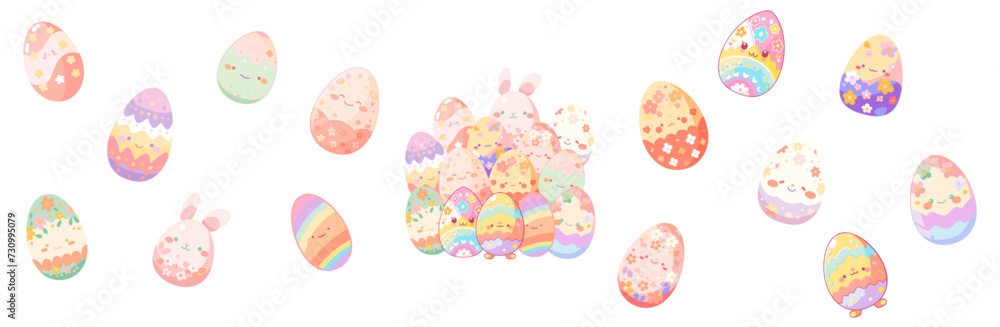 set of illustration of easter eggs with cute small face.  simple kawaii emoticon emoji character face. isolated on transparent background