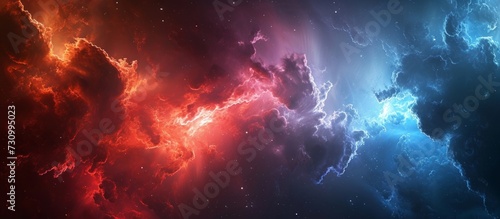 Computer generated background with abstract sci-fi concept featuring fractal clouds in red and blue hues, leaving plenty of free space.