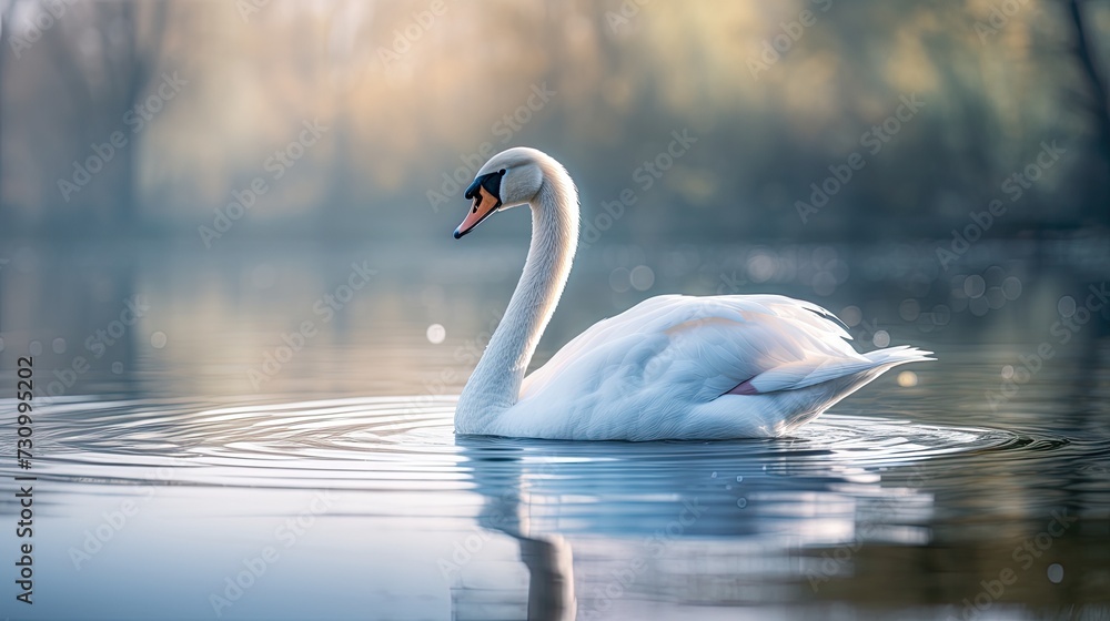Elegant swan on calm lake, smooth glide, symmetrical reflection, meditative ambience Elegant swan on calm lake, smooth glide, symmetrical reflection, meditative ambience