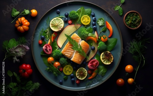 Plated Food With Fish, Fruit, and Vegetables