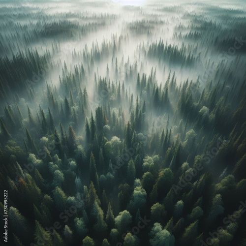 Drone shot looking down on a boreal forest with misty ground