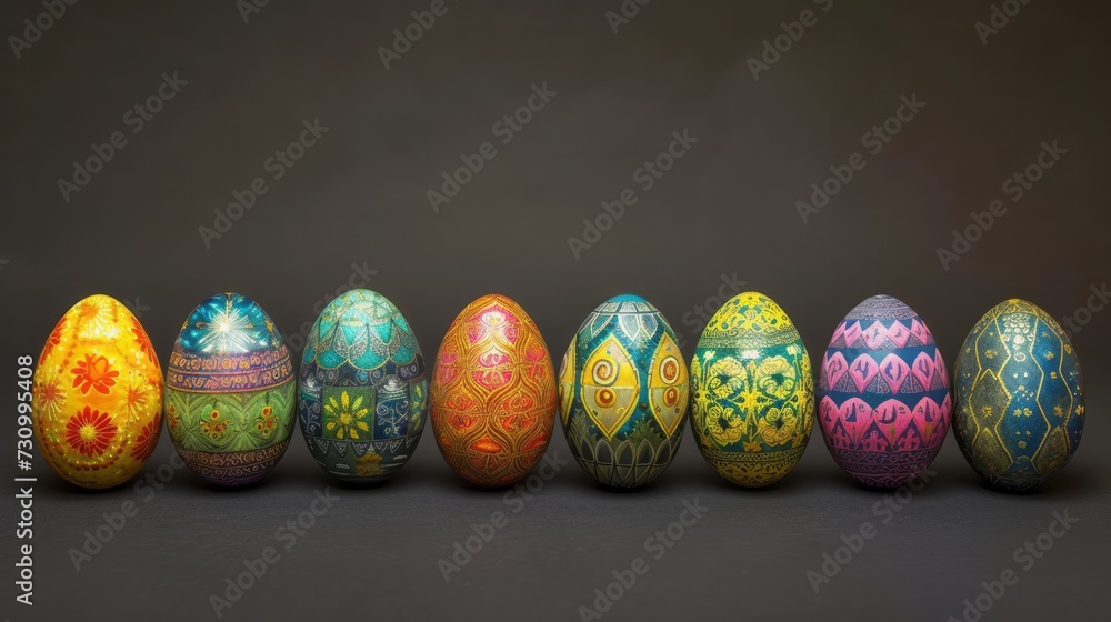 Eight beautifully decorated Easter eggs on a gray background. The concept of celebrating Easter, the arrival of spring. Empty space for text, banner Eight beautifully decorated Easter eggs on a gray background. The concept of celebrating Easter, the arrival of spring. Empty space for text, banner