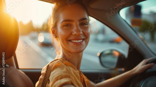 Woman driving in a Car Smiling at the Camera photo