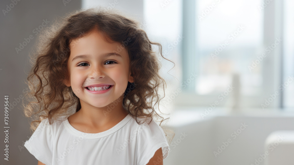 Sweet little girl outdoors with curly hair in the wind urban background Sweet little girl outdoors with curly hair in the wind urban background