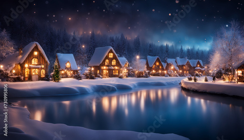 Christmas cottages in the snow decorated with Christmas lights along a river.  Christmas background