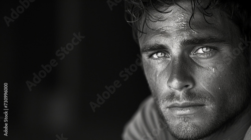 Black and white close-up photo portrait of a beautiful handsome middle aged man with bristle and a sensual gaze