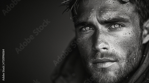 Black and white close-up photo portrait of a beautiful middle aged man with beard and a sensual gaze