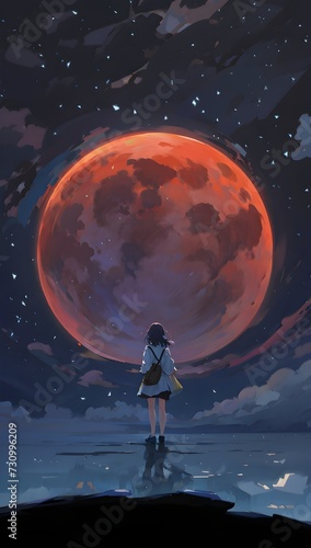 a girl looking at the reddish half moon, Generative Ai 