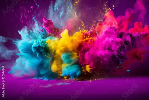 Scattering splashes of colorful bright powder on a dark background for Holi festival in India  concept of celebrating the arrival of spring  banishing evil and rebirth of life.
