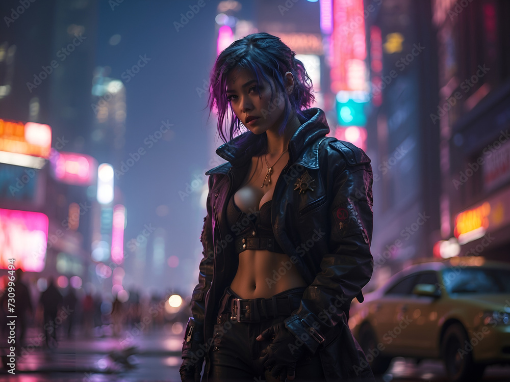 A woman with purple hair and a black leather jacket stands in the middle of a neon-lit street. She wears a black bralette and has a tattoo on her right arm. The background features a cyberpunk city A woman with purple hair and a black leather jacket stands in the middle of a neon-lit street. She wears a black bralette and has a tattoo on her right arm. The background features a cyberpunk city