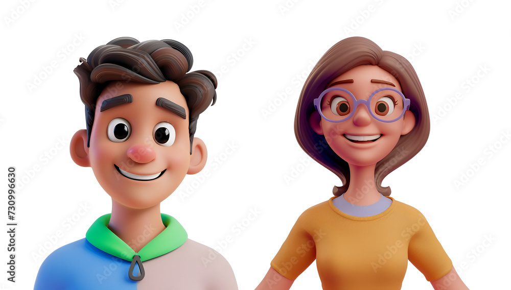 Man and Woman in Simple Cartoon Style: 3D Rendered Close-Up Portrait ...