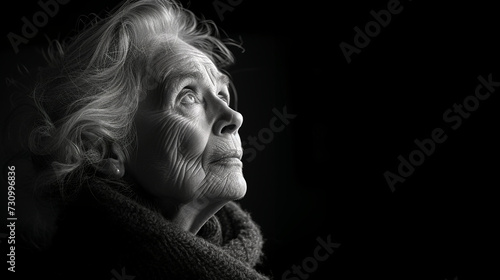Black and white close-up photo portrait of a beautiful old lady with gray hair and a sensual gaze