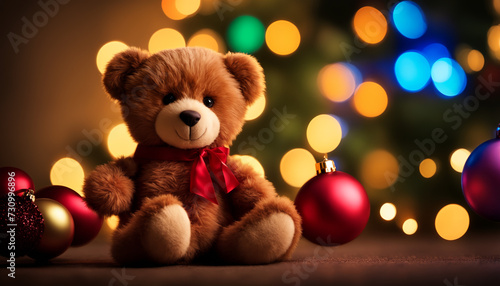 A teddy bear sitting in with Christmas decorations and Christmas lights.