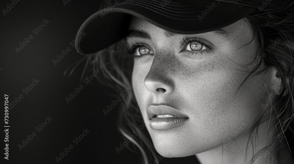 Black and white close-up photo portrait of a beautiful brunette girl with freckles and a sensual gaze Black and white close-up photo portrait of a beautiful brunette girl with freckles and a sensual gaze