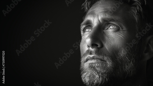 Black and white close-up photo portrait of a handsome middle aged man with wrinkles and a serious gaze photo