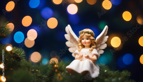 Cute Christmas angel figurine on a Christmas tree. 