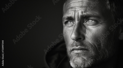Black and white close-up photo portrait of a handsome middle aged man with wrinkles and a serious gaze