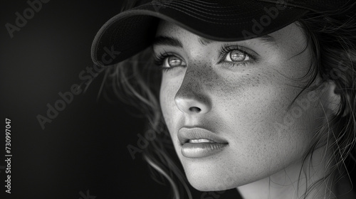 Black and white close-up photo portrait of a beautiful brunette girl with freckles and a sensual gaze