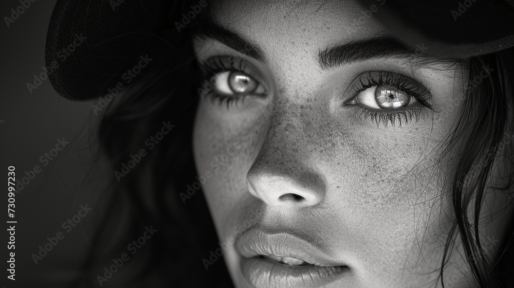 Fototapeta premium Black and white close-up photo portrait of a beautiful brunette girl with freckles and a sensual gaze