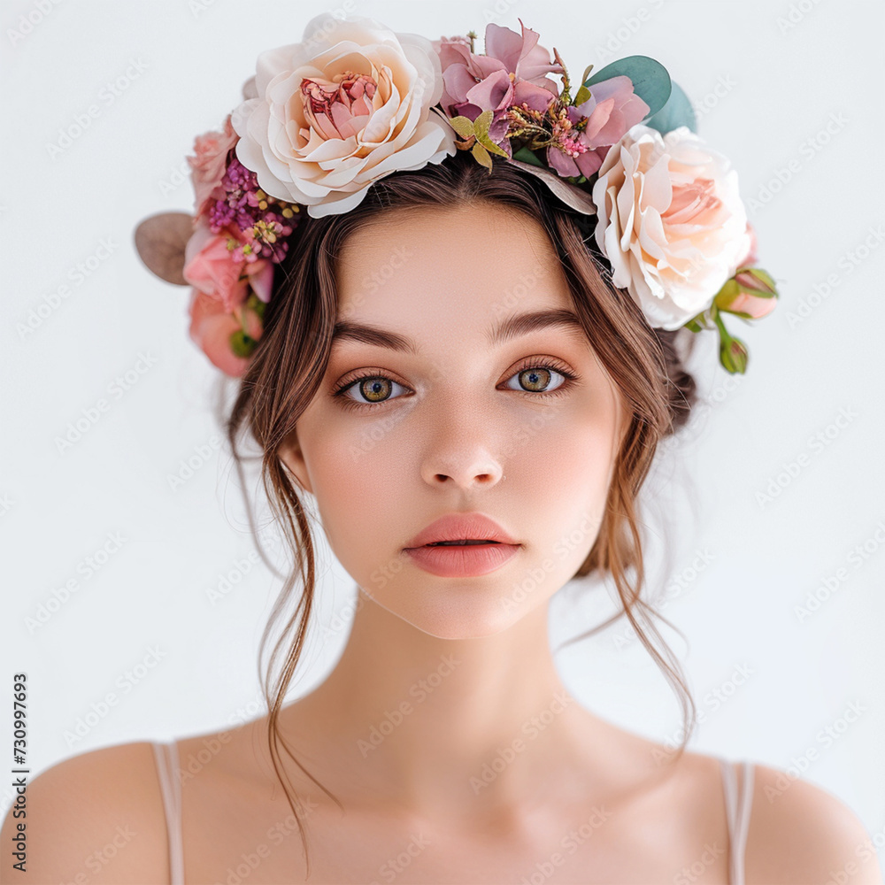 Beautiful young woman wearing floral headband isolated on white background, ai technology