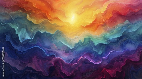 Rainbow Enlightenment. Escape to Reality series. Abstract arrangement of surreal sunset sunrise colors and textures on the subject of landscape painting, imagination, creativity and art  #730997664