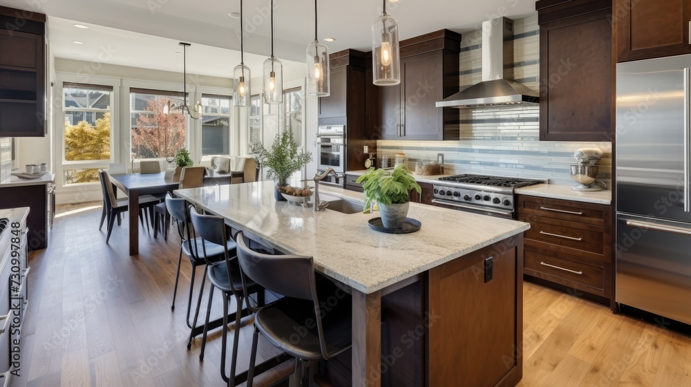 New custom home with a beautiful kitchen featuring hardwood floors, stainless steel appliances, quartz countertops, and a spacious island, on a sunny day. New custom home with a beautiful kitchen featuring hardwood floors, stainless steel appliances, quartz countertops, and a spacious island, on a sunny day.