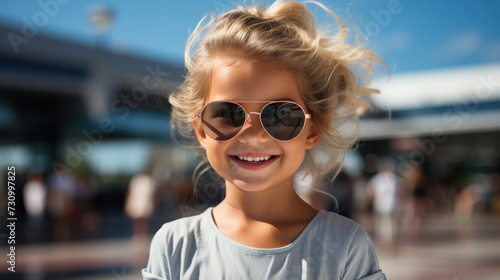 Sweet little girl outdoors with curly hair in the wind urban background