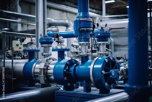 A Detailed View of a Large, Industrial Feedwater Pump in a Power Plant, Surrounded by a Network of Pipes and Gauges