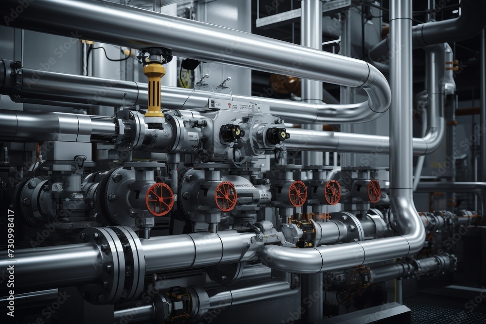A Detailed View of a Sophisticated Hydraulic System in an Industrial Setting, Highlighting the Intricate Network of Pipes and Valves Against a Metallic Background A Detailed View of a Sophisticated Hydraulic System in an Industrial Setting, Highlighting the Intricate Network of Pipes and Valves Against a Metallic Background