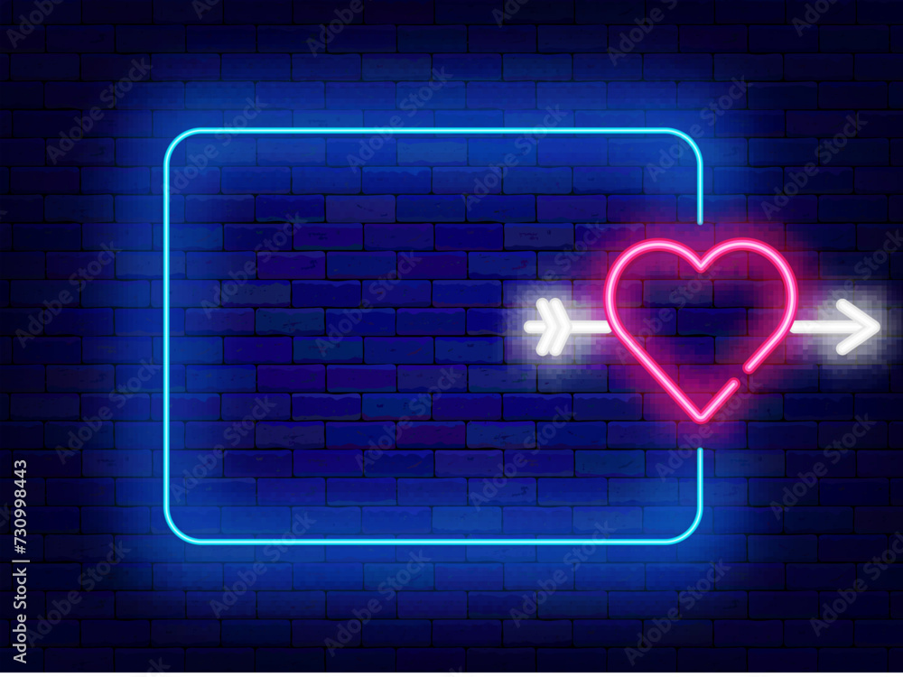 Happy Valentines day neon invitation. Heart with cupid arrow and blue empty frame. Vector illustration
