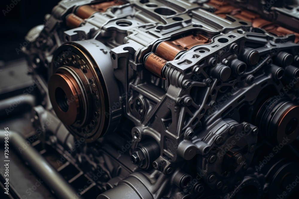 Close-up view of a meticulously crafted engine block, showcasing the intricate design and engineering prowess, set against an industrial backdrop