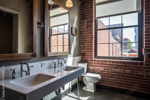 A meticulously designed industrial lavatory with exposed brick walls, stainless steel fixtures, and a backdrop of cityscape through the large window