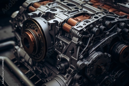 Close-up view of a meticulously crafted engine block, showcasing the intricate design and engineering prowess, set against an industrial backdrop