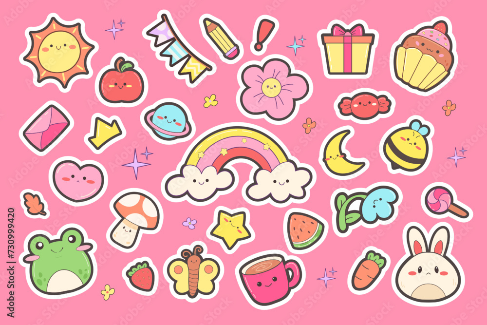 Big  set of kawaii stickers. Cute sticker of frog, hare, weather, cake. Vector design elements in childish style