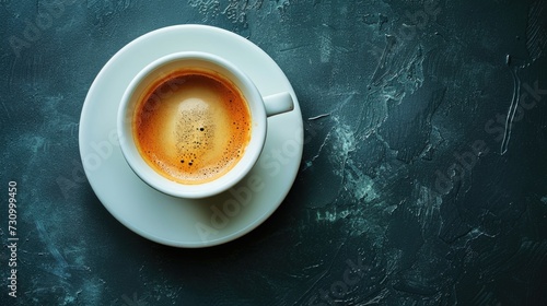 freshly brewed cup of espresso sits on a dark textured surface, the frothy crema indicating its freshness and quality
