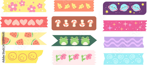 Patterned scotch tape, sticky tape, decoration for notebooks and scrapbooking. Vector illustration in cartoon kawaii style