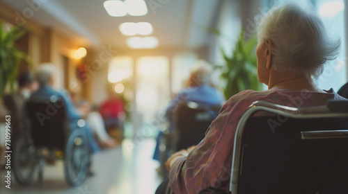 Woman in a Wheelchair in a Hospital or nursing home Hallway photo