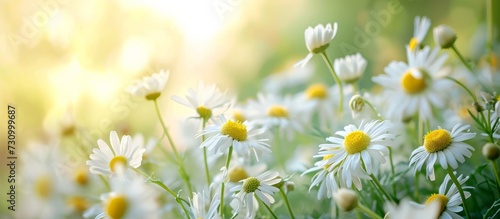 A picturesque meadow filled with flowering plants, daisies, and grass, illuminated by the sun's rays. © AkuAku