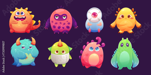 Set of cute space monsters with big eyes in gradient colors. Vector illustration, print for children about space and galaxy