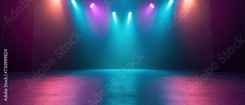 background of a stage light with bright light with the disco lights, teal and violet, photo
