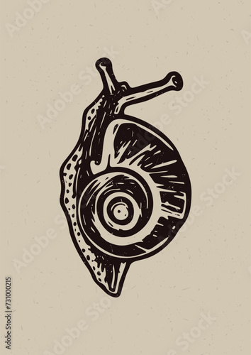 Handmade linocut snail vector motif clipart in folkart scandi style. Simple monochrome bug block print shapes with woodcut paper texture effect