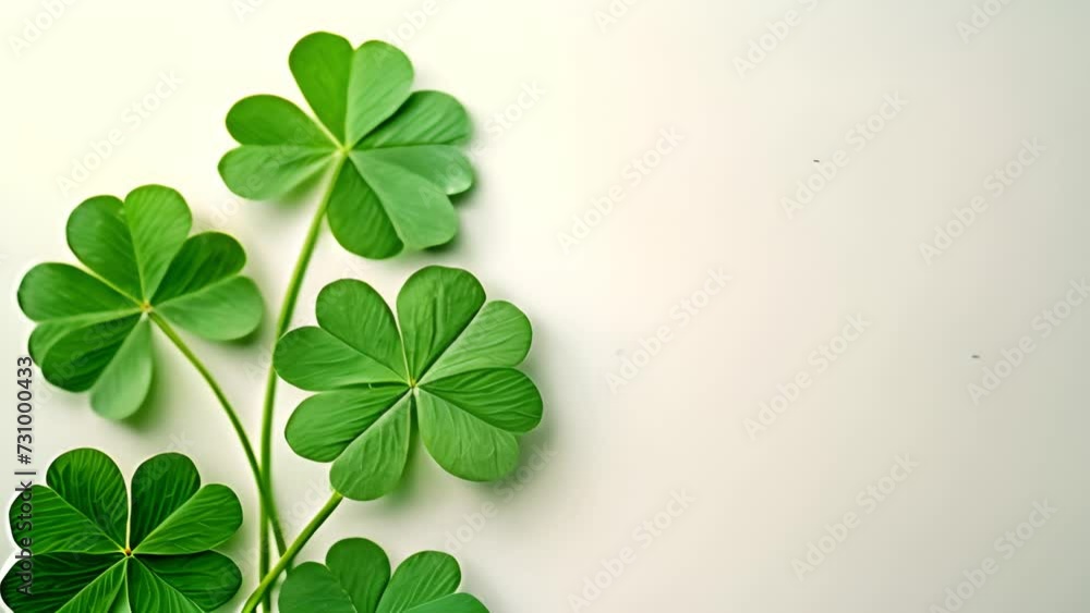 Four leaf clovers on white background, Realistic natural leaves natural background, little green trefoil, symbol of st. patrick's day. 4k video. Copy space Four leaf clovers on white background, Realistic natural leaves natural background, little green trefoil, symbol of st. patrick's day. 4k video. Copy space
