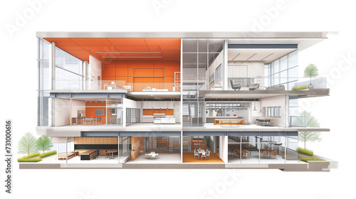Architectural plan scheme of a Modern office building, cutaway