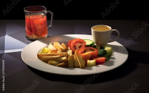 White Plate With Cut-Up Veggies and Cup of Tea