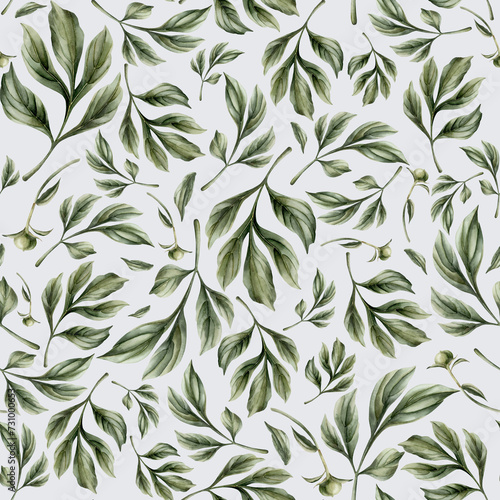 Floral watercolor seamless pattern with green peony leaves on light blue background. For design, fabric, wrapping