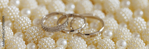 Three golden rings, one diamond-studded, rest on white pearls. Symbolizes a church engagement. The serene, elegant image evokes love and commitment. Banner with copy space.