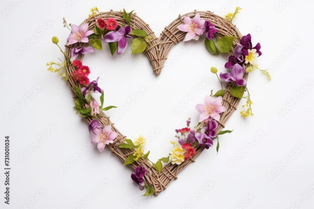 colorful heart shaped wicker plant wreath decorated with flowers