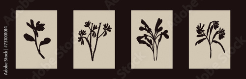 Handmade linocut wildflower sprig vector motif clipart in folkart scandi style. Simple monochrome block print shapes with woodcut paper texture effect. 