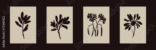 Handmade linocut wildflower sprig vector motif clipart in folkart scandi style. Simple monochrome block print shapes with woodcut paper texture effect. 