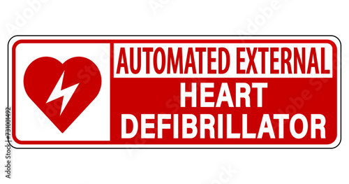 Automated external heart defibrillator. Sign on red background with symbol and text. Horizontal strip. Sticker.